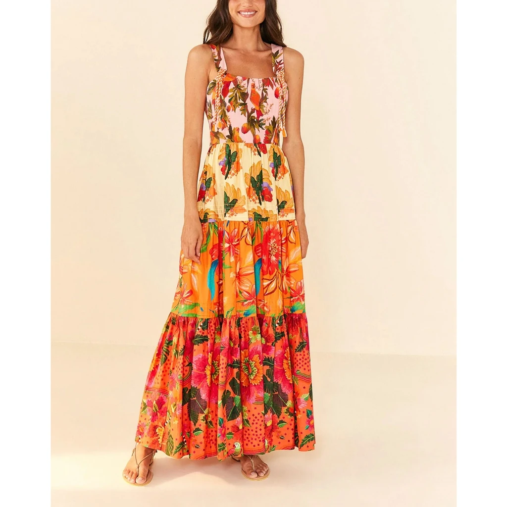 

Women's Summer Aesthetic Long Cami Dress Floral Print Sleeveless Tie Straps Square Neck Backless Beachwear Flowy A-Line Sundress