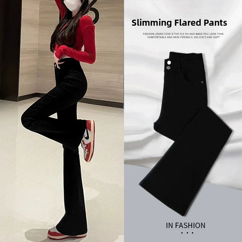 

High Waist Bell Bottom Jeans Women's Slim Fit Double Buckle Black Jeans Cotton Stretch Denim Long Pants Spring Autumn New Style