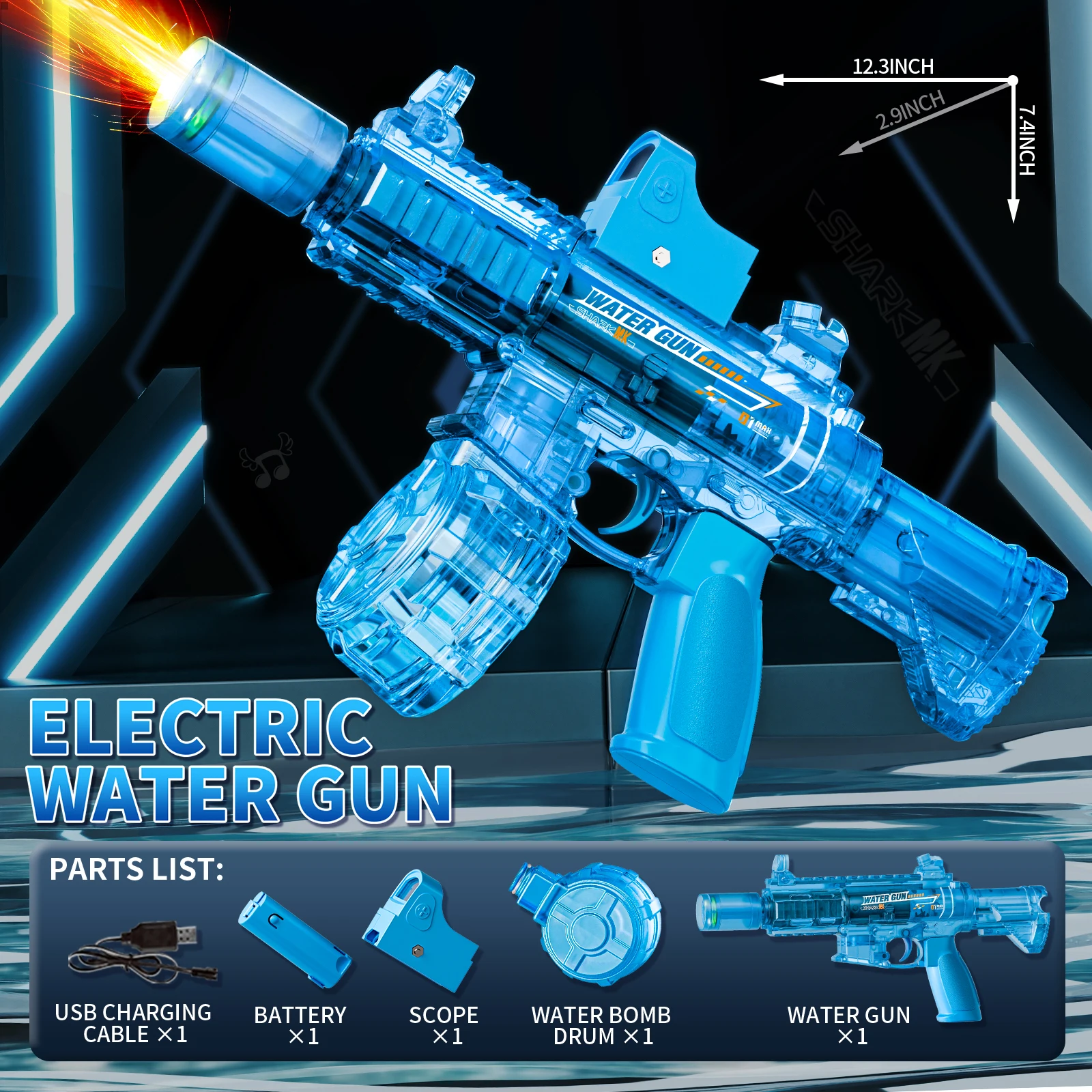 M416 Water Gun with LED lights Sprays Flame Effect Continuously High-pressure High-speed Powerful Outdoor Electric Water Gun Toy