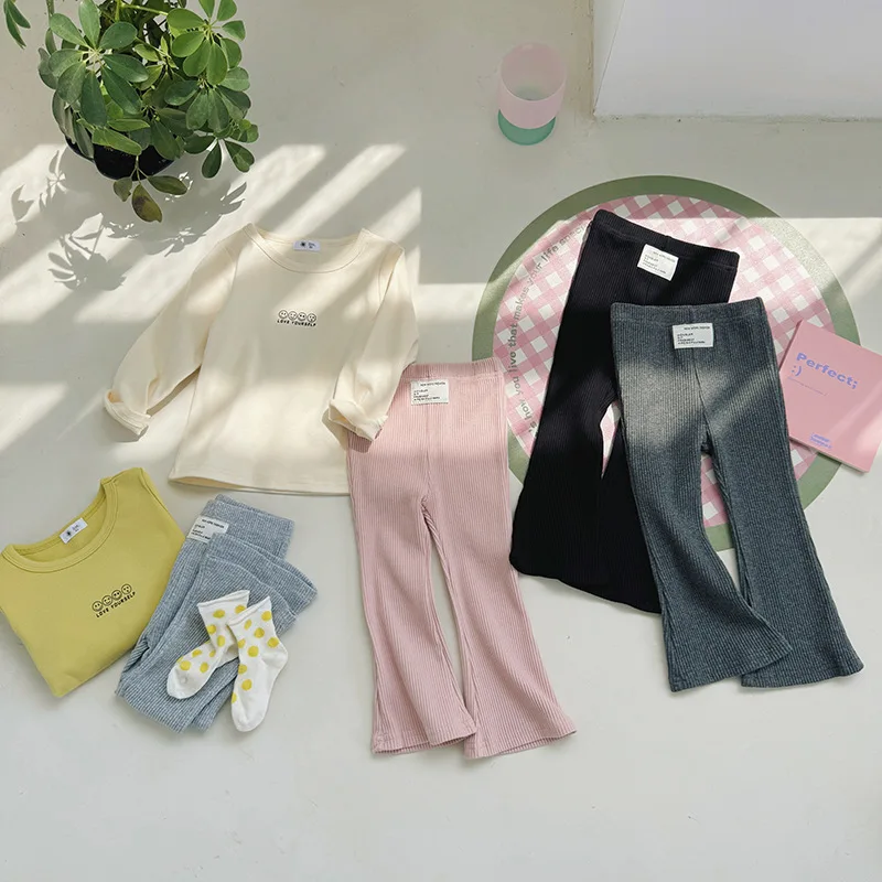 1-8 Y Girls Solid Elasticity Trousers Children's Summer Fit Leggins Flares Pants Kids casual Wearing Long Pant for Outdoor