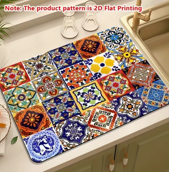 2D Flachbedruckte Superabsorbierende Bohemian-Abtropfmatte, Schnelltrocknend Rutschfest Leicht zu Reinigen Geeignet für Küche und Wäscherei