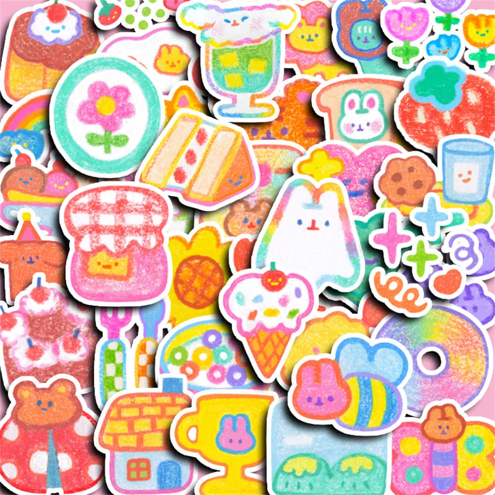 40 Stück Cartoon-Sticker im Crayon-Stil, Lebensmittel-Cartoon-Aufkleber aus PVC-Material, Dekoration für DIY-Vasen und Telefone, Scrapbook, wasserfeste Alltagsaufkleber.
