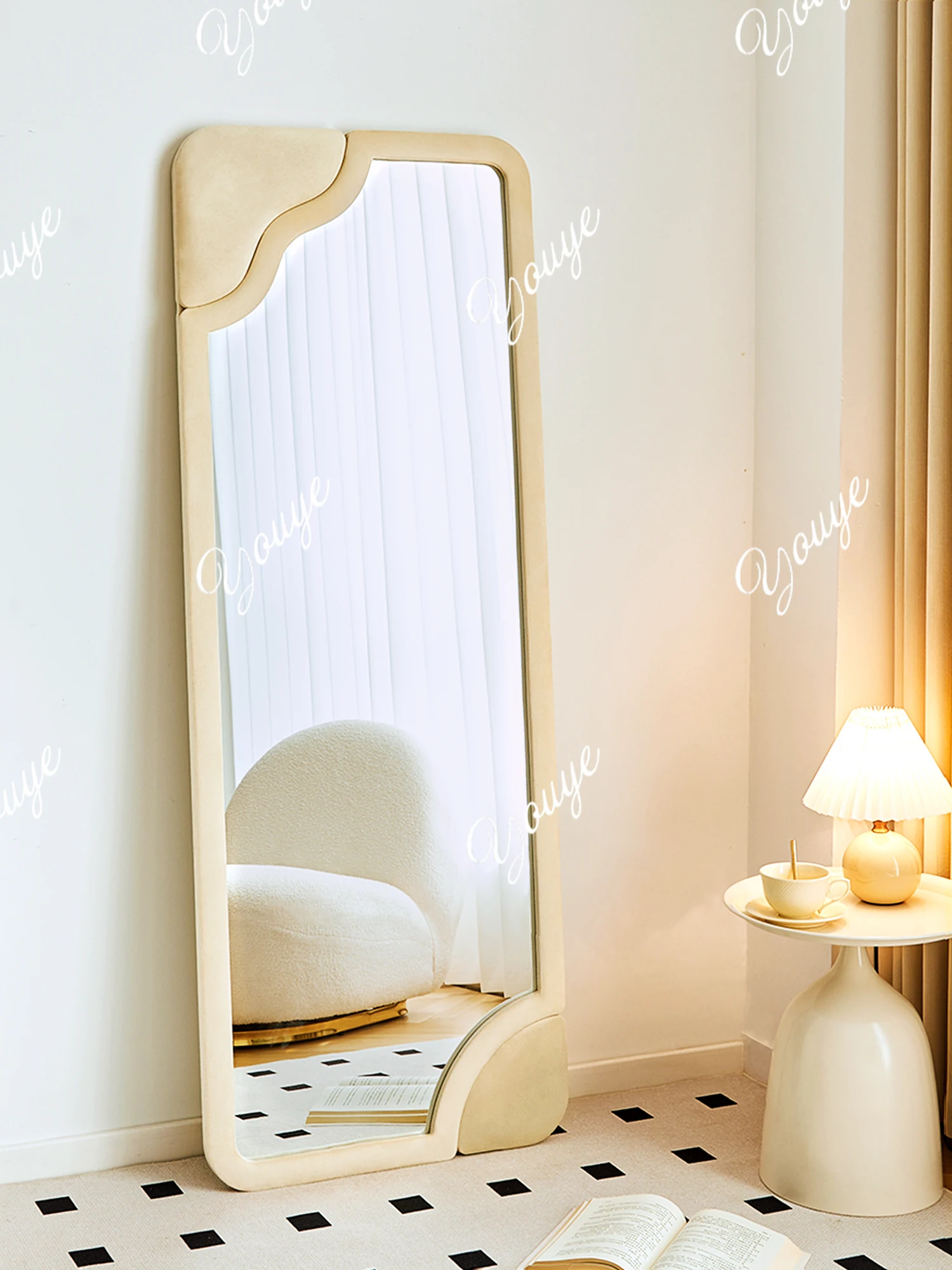 Girls household cream wind full-length mirror plush wall-mounted floor-to-ceiling dressing mirror living room bedroom fitting mi