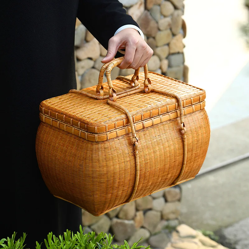 BP1 Vintage Tea Set Storage Box, Handmade Bamboo Woven Basket, Rattan Tea Case for Travel, Japanese Style Tea Holder