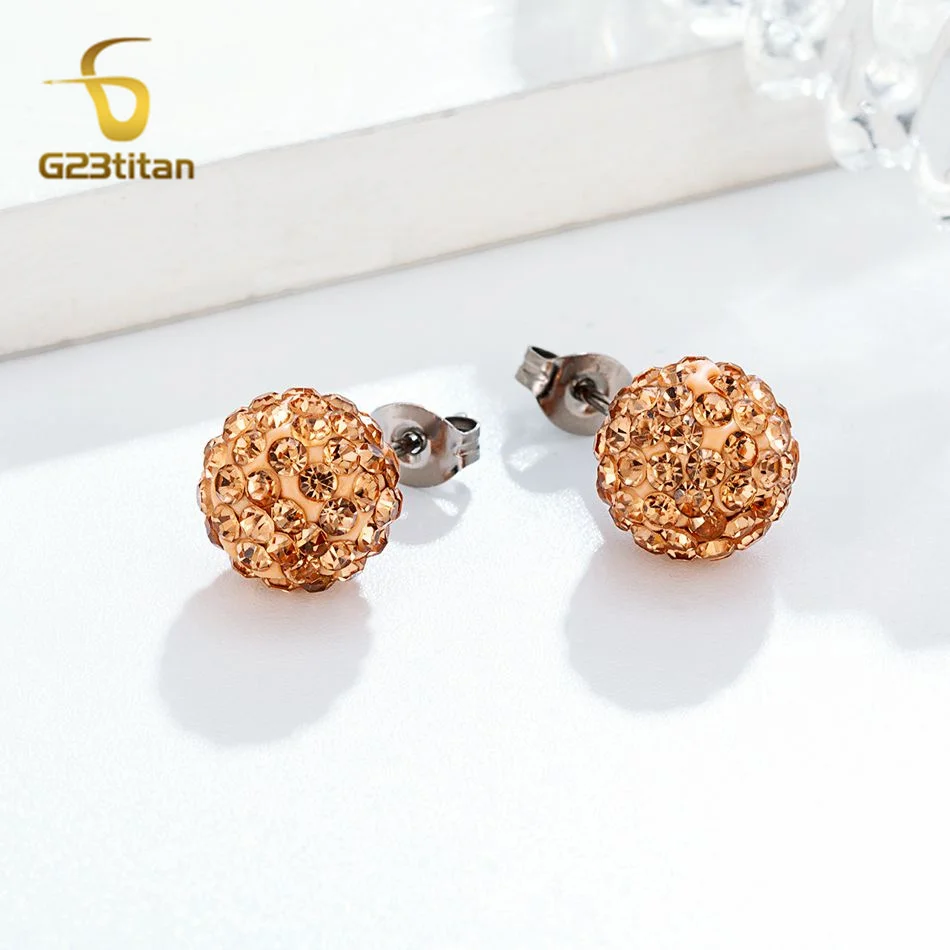 Colors Crystal Bead Polymer Clay Earrings G23 Titanium Ear Stud Micro Pave Rhinestone Disco Ball Hypoallergenic Piercing Jewelry