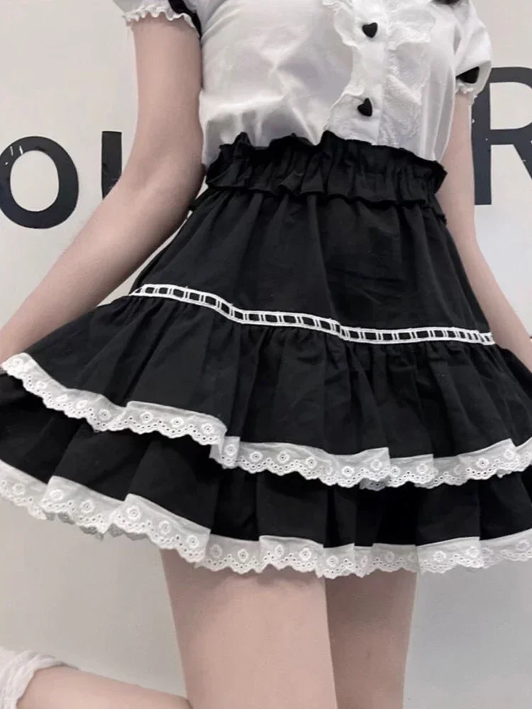 

Ruffles Cute Cake Skirts Women High Waist Lace Patchwork Mini Skirt Preppy Style Kawaii Japan Casual Retro Lady Dance Skirt