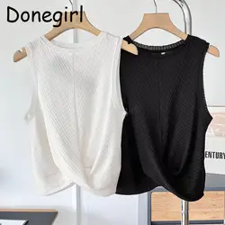 Donegirl 2024 Women Summer New Fashion Round Neck Sleeveless Simple Pleats Vest Solid Slim Casual Thin Tank Tops Female Chic