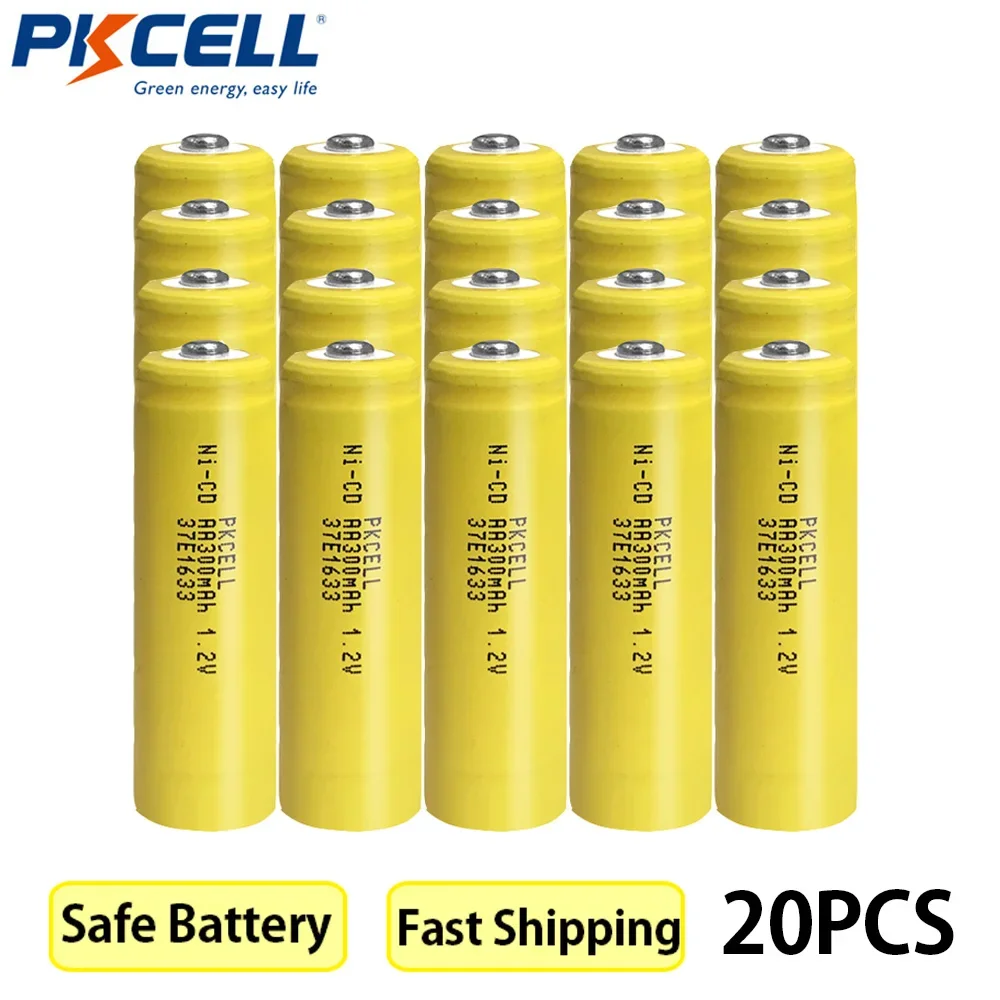 PKCELL 20PCS 1.2v Rechargeable Batteries AA NiCd Ni-Cd 300 mAh 1.2V Rechargeable Battery For Solar Outdoor Lighting Fixtures