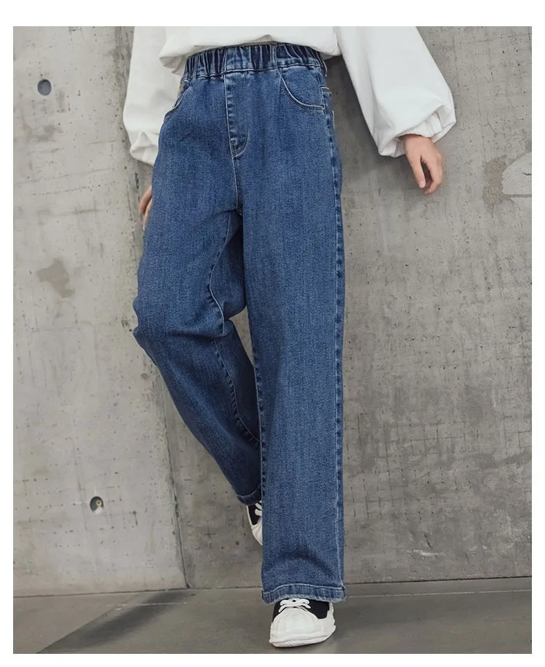 Teens Girls Jeans 2024 New School Kids Denim Trousers Black Casual Wide-leg Pants Solid Loose Children\'s Clothing 12 13 14 Years