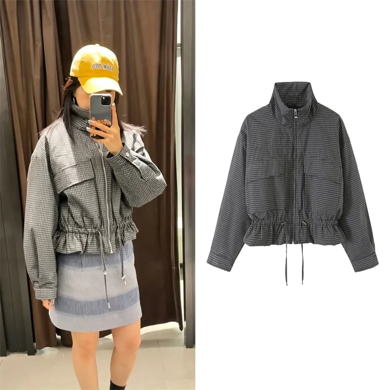 Guobioziy Women's Top 2026 Autumn New Fashion Loose-Fit Versatile Long-Sleeve Stand Collar Plaid Cotton Jacket