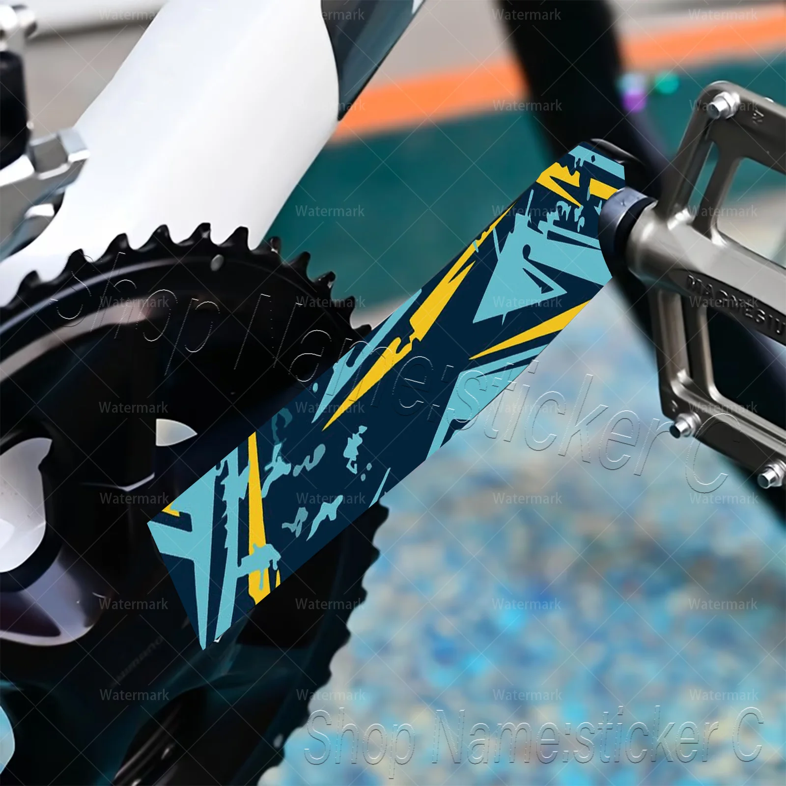2Pcs Cyan Yellow Abstract Graffiti Crank Arm Sticker Set, Waterproof Vinyl Decal for Mountain & Road Bike