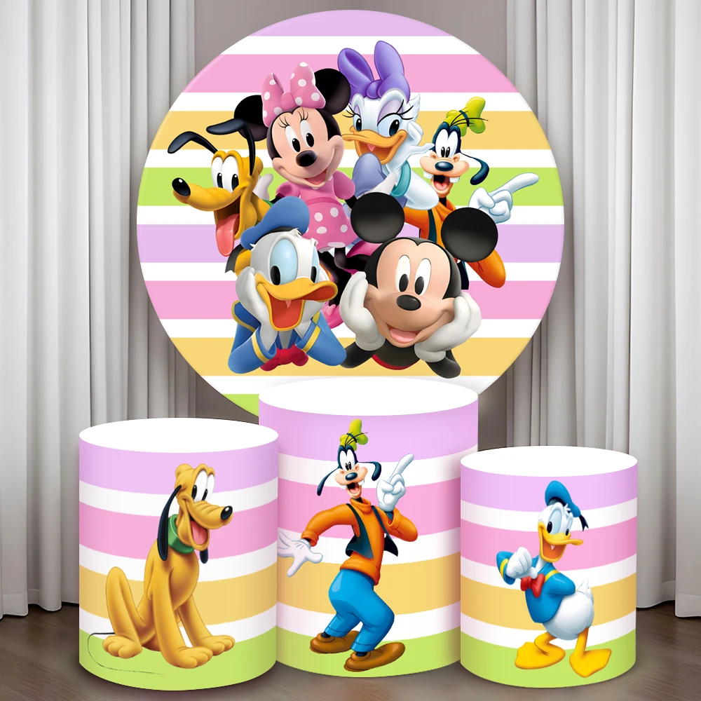 

Mickey Mouse Round Cylinder Backdrop Cover Colorful Cartoon Photograph Background Kid Birthday Party Cylindrical CakeTable Cover