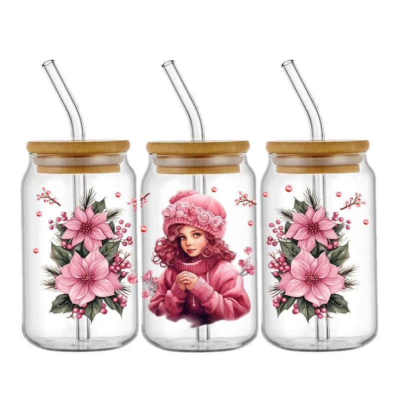 DIY Christmas Pink Girl UV DTF  Wraps Transfer Sticker For 16OZ Cup Glass bottle Can Bottle Selfadhesive Washable Santa Claus