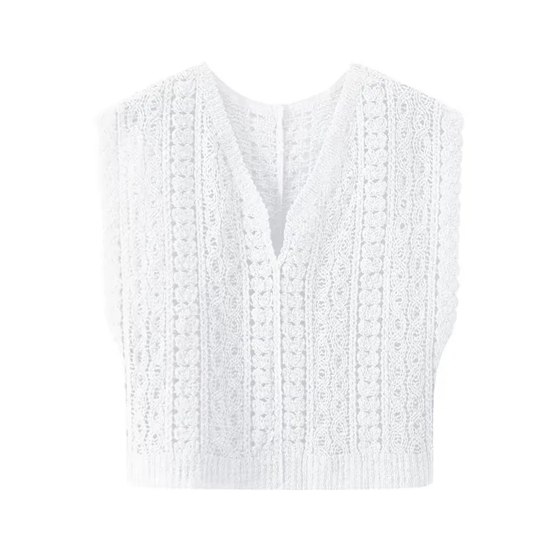 Sleeveless V-neck Crochet Top Openwork Knitted Lace Blouse Beach Cover-Up Women Vacation Boho Spring Summer 2026