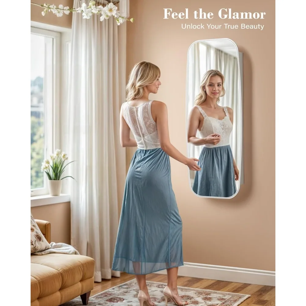 

LED Mirror Jewelry Cabinet, Rounded Jewelry Armoire Organizer, Wall or Door Mounted Jewelry Organizer with Interior