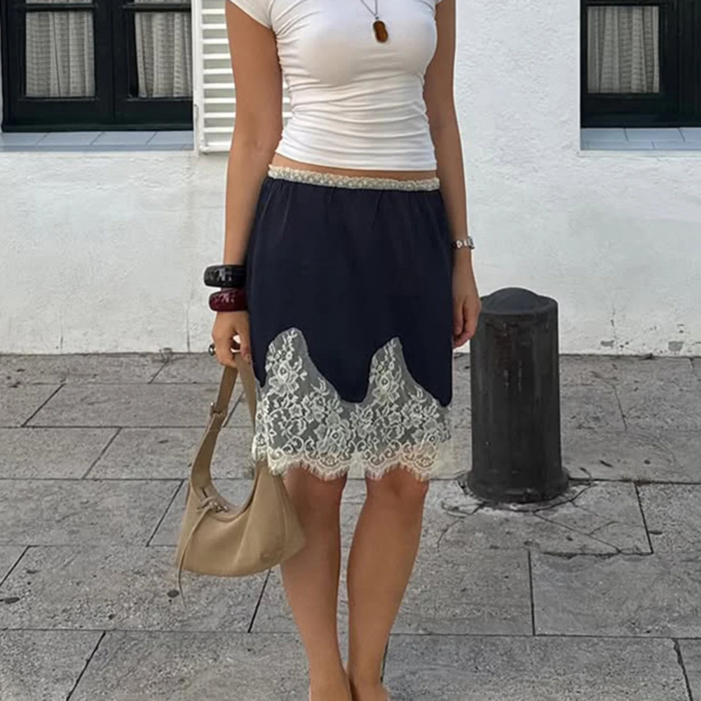 Tuularose Mode Satin Mini Rock frauen Neue Spitze Patchwork Eleganten Rock Herbst Hohe Taille Solide A-linie Spitze Rock Outfits