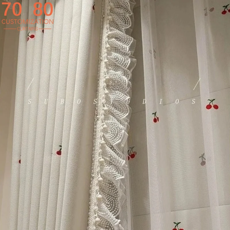 Cute Milky White Princess Snow Storm Neil Cherry Embroidery Window Curtains for Living Room Bedroom French Window Customized