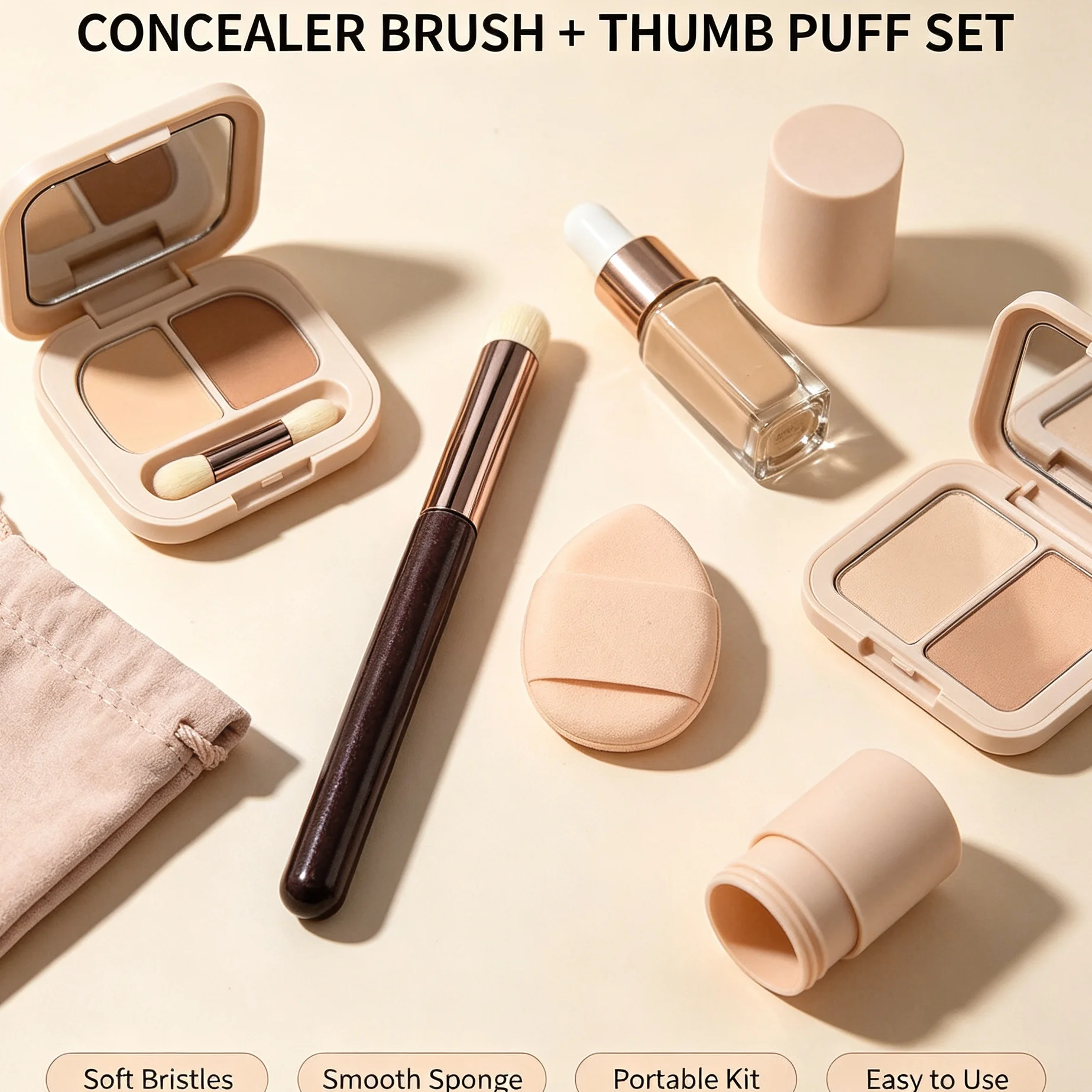 Miniature details: eyeshadow brush, thumb powder puff set, under-eye concealer, precision makeup tools.