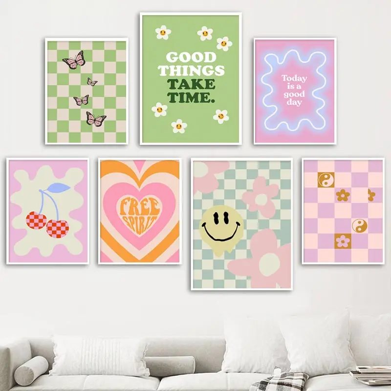 1PC Impression d'art décorative sans cadre, peinture sur toile pastel danoise colorée, affiche esthétique, motif à carreaux cerise, fleur souriante, papillon
