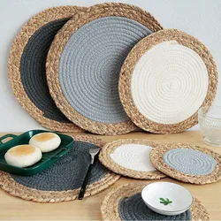 1Pc Straw Cotton Rope Mixed Woven Dining Table Placemat Heat Insulation Mat Cup Coaster Kitchen Accessories Decoration
