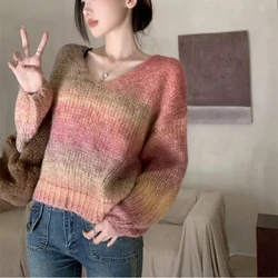 Koreańska moda Jesień/Zima Swetry Swetry Nowe Damskie O-Neck Nadruk Patchwork Trend Wszechstronne Dzianinowe Topy z Długim Rękawem