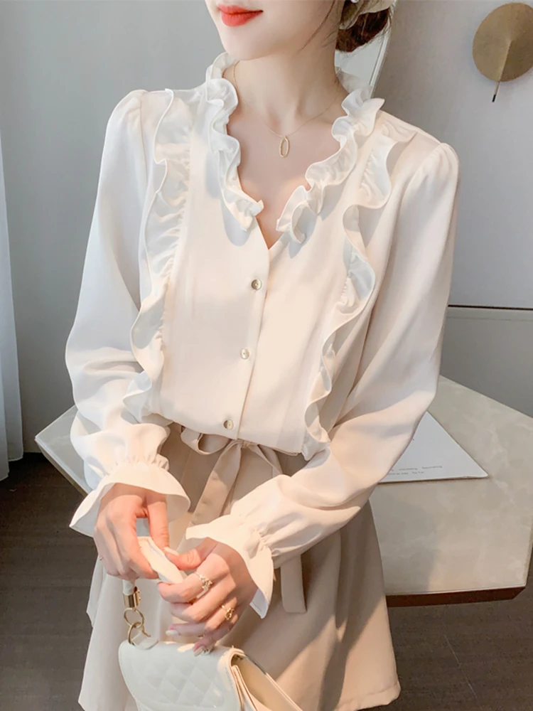 2023 Herbst Französisch Vintage Satin Shirt Langarm Drop weiß Chiffon Shirt