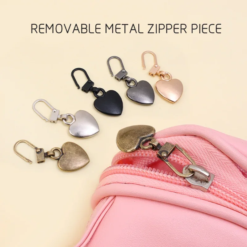 1/5Pcs Heart Shape Metal Zipper Handle Detachable Zippers Puller Head Repair Kits for Broken Buckle Travel Bag DIY Sewing Craft