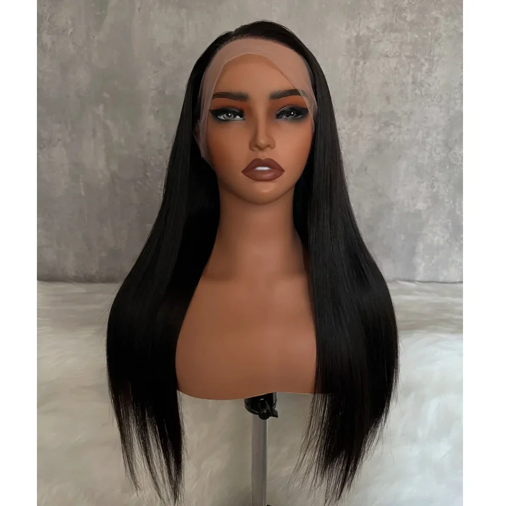 

Soft Long 26Inch Black Straight Heat-Resistant 13x4x1 Lace Front Wig For Women With Synthetic Preplucked Glueless Baby Hair