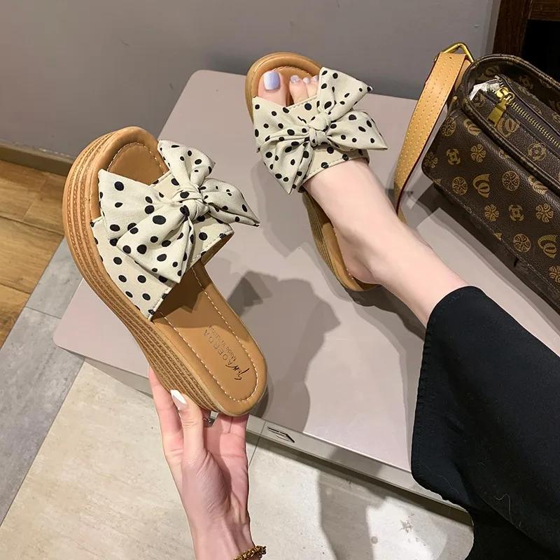 Aphixta 7cm Platform Wedge Slippers Women Shoes Butterfly-knot Clog Riband Polka Dot Snowflake Fabric Bow Flip Flop Light Slide