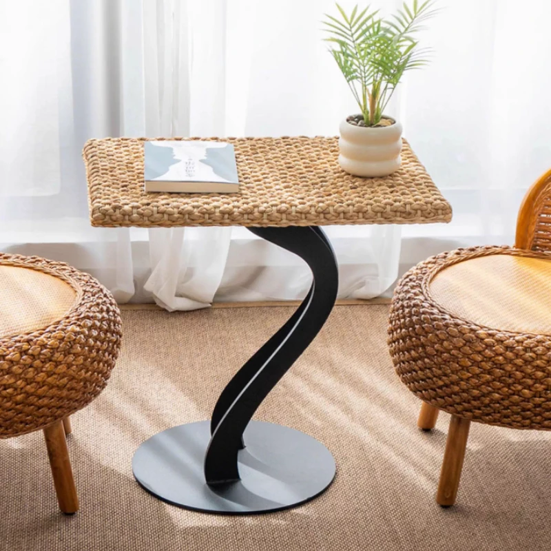 ti-Bay Window Side Table with Woven Rattan Tatami Tea Desk for Floor Sitting Black Frame Coffee Table