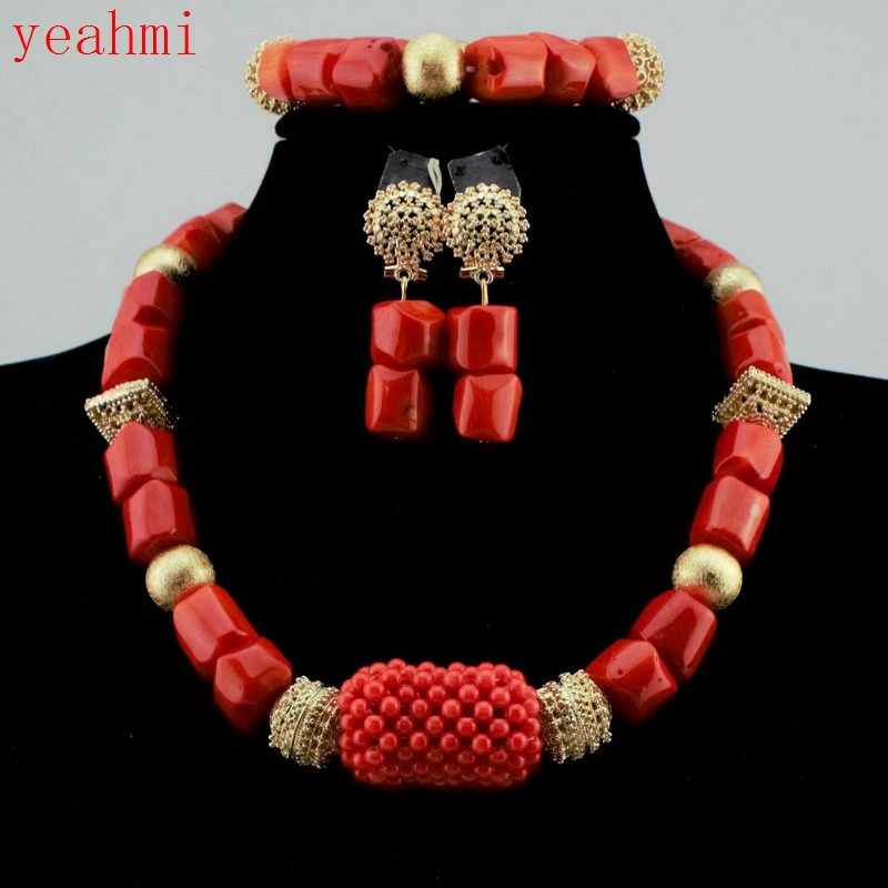 African Wedding Bridal Orange Coral Beads Jewelry sets Nigerian Women Beads Necklace Jewelry Sets