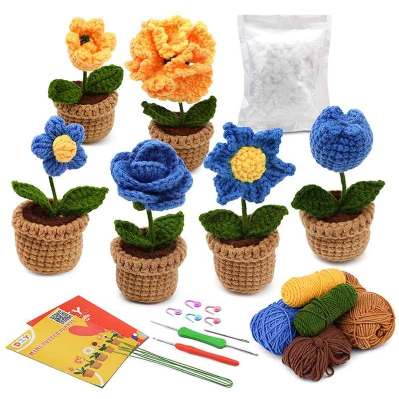 Crochet Kit DIY Blue Flower Crochet Kit With Knitting Yarn Needles Plush Doll Easy(6-In-1)