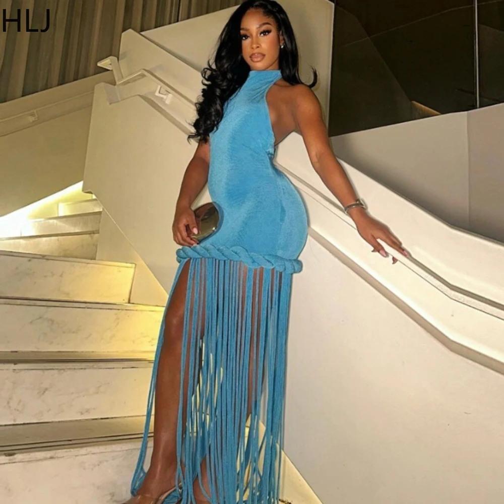 

HLJ Casual Tassel Patchwork Bodycon Dresses for Woman Solid Color Halter Backless Dress Female Streetwear Vestidos 2026 New