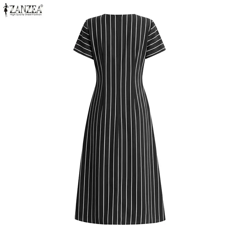 ZANZEA Stilvolles Damen-Kleid mit O-Ausschnitt und kurzen Ärmeln, gestreift, Sommerkleid, OL-Arbeitskleid, elegantes A-Linien-Midikleid mit Taille, Freizeitkleider – Detail 11