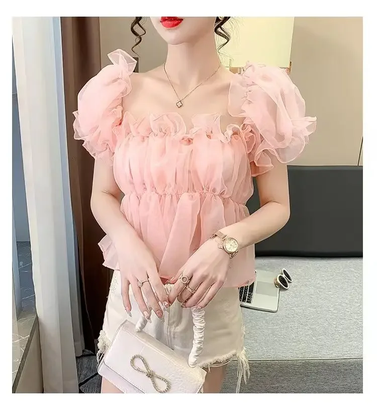 Falbankowa bluzka na jedno ramię, słodka, super wróżkowa, bufiaste, odkryte ramiona, dopasowana, bufiaste rękawy, szyfonowa koszula.