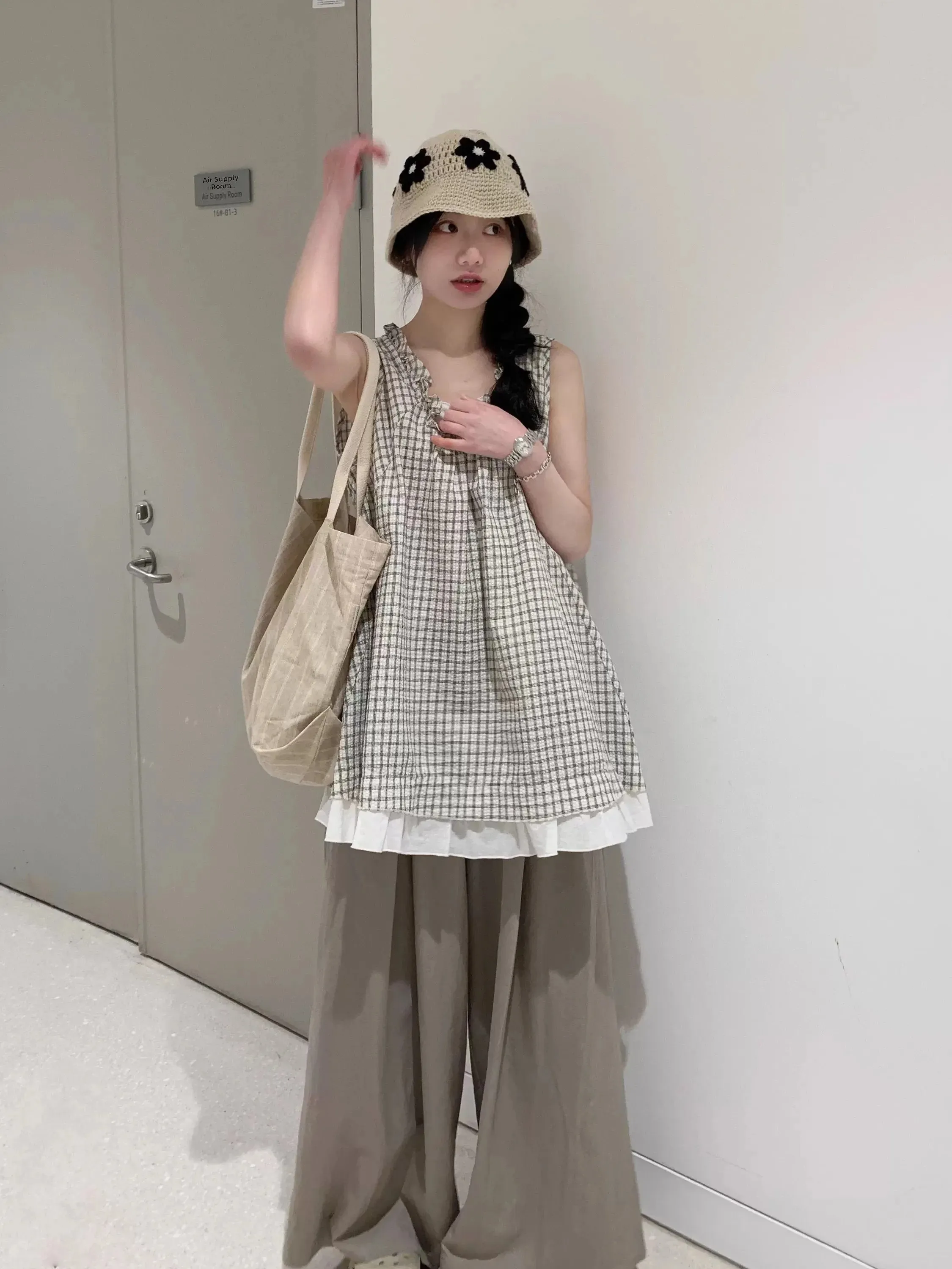 

Early Taste Plaid Sleeveless Vest And Wide Leg Pants Two Piece Set Summer Fashion Women's Clothing Breathable Lightweight Pol...