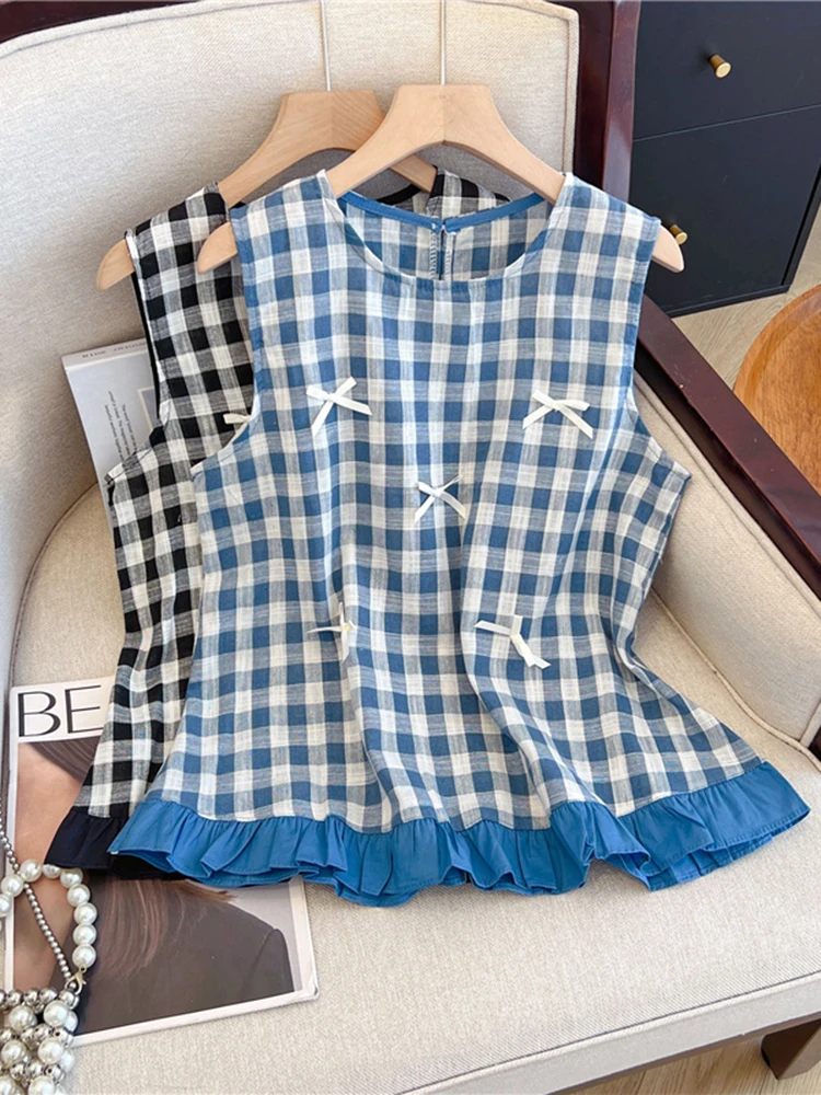 

Jmprs Women Bow Plaid Tanks Sweet Cute O Neck Korean Tanks Summer Vintage Casual Sleeveless Ruffles Female Summer Retro Tops New