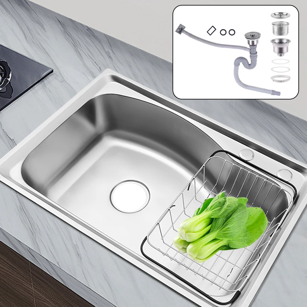 Modern Rectangular 201 Stainless Steel Kitchen Sink Silver 65x44x22cm with Drainage Strainer Drain Basket