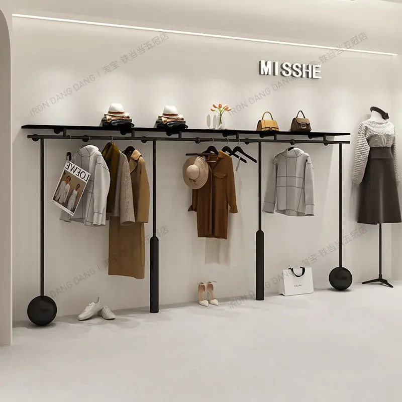 

Clothing Storeshelves Wrought Iron Black Upper Wall Simple With Board Storage Clothes Display Rack Women's Clothing Store Hanger