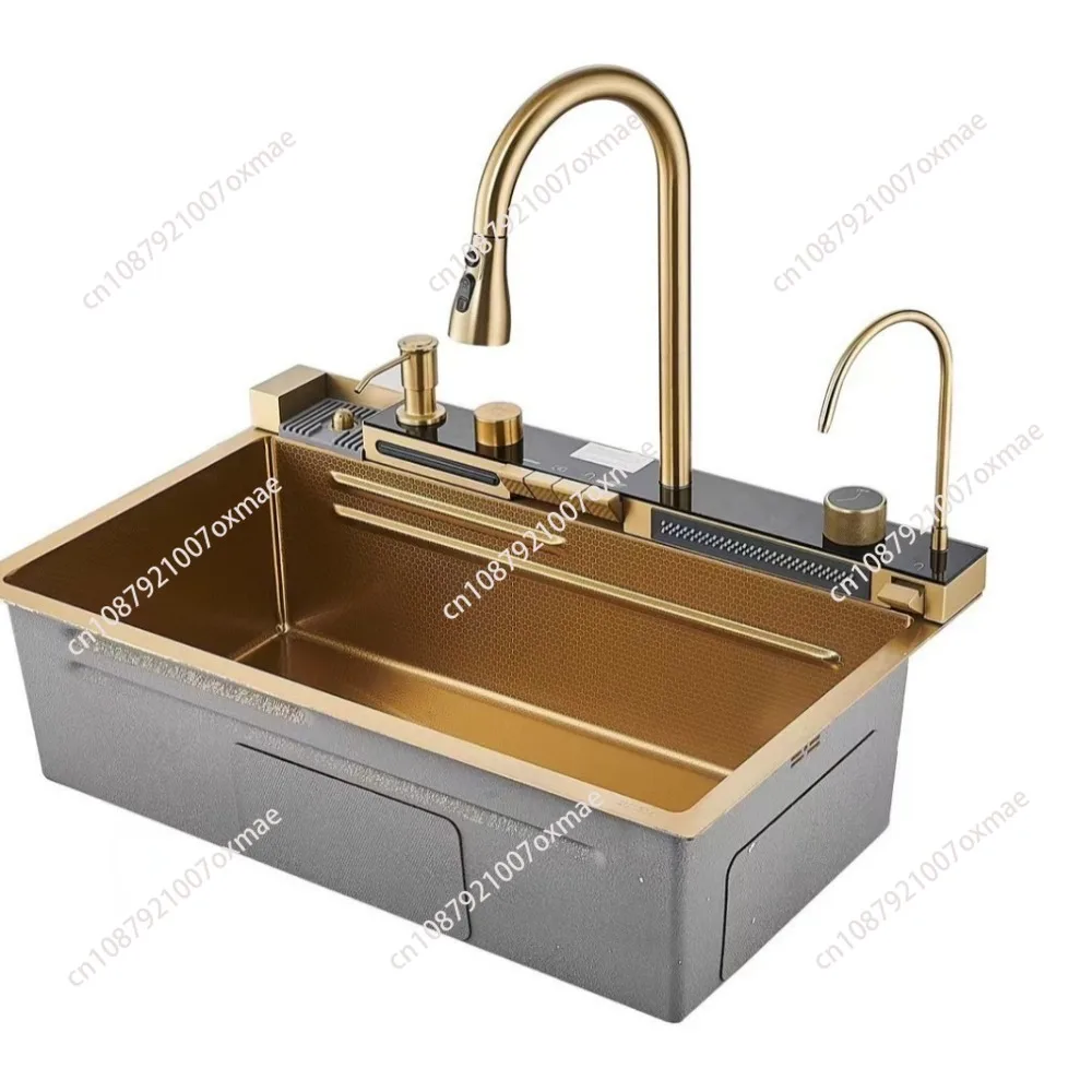 Gold Kitchen Sink Stainless Steel Sink Digital Vegetable Washing Basin, Atmosphere Light, Kitchen Large Single Sink 75cmX46cm