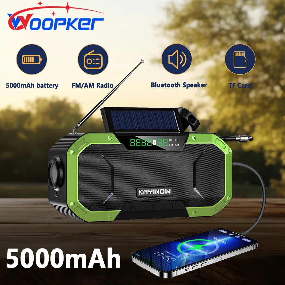 

Аварийное радио Woopker, 5000 мАч, многофункциональное портативное радио с Bluetooth, солнечная рукоятка, AM/FM/SW, подходит для кемпинга на открытом воздухе