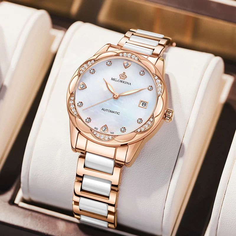 Montre mécanique de luxe pour femmes, diamant, acier inoxydable, bracelet en céramique, étanche, Date, automatique