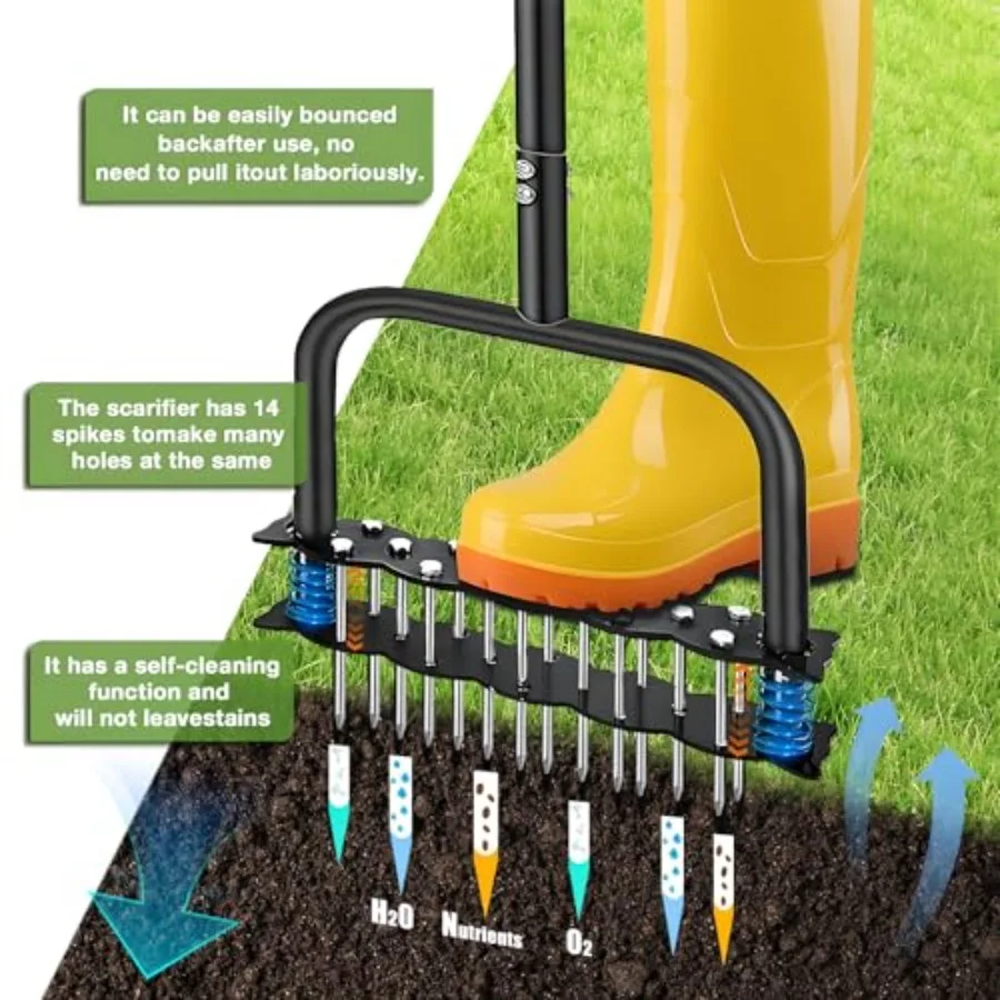 スプリングベースと14本のスチールスパイクを備えた手動芝生エアレーターツール、自動で土や落ち葉を取り除き、Yでの土壌の緩めに最適です。