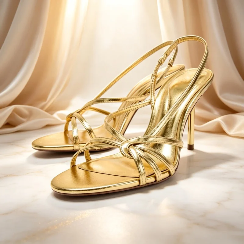 Women SquareToe AnkleStrap HighHeel Sandals, Metallic Gold Upper With Knotted CrissCross Straps Design Party Cocktail Style