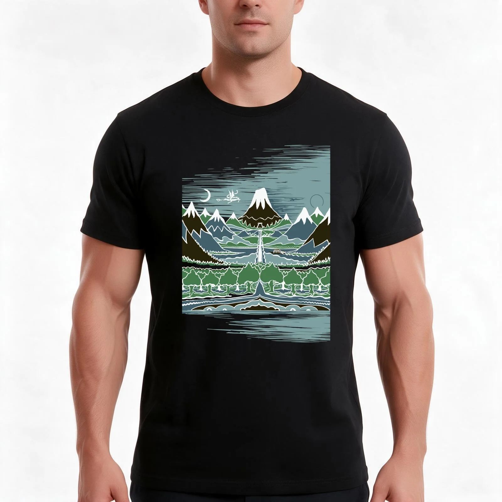 A Halflings journey on a mountain path through an elven wood in the style of J.R.R.Tolkien T-Shirt, Summer Casual Cotton Tee