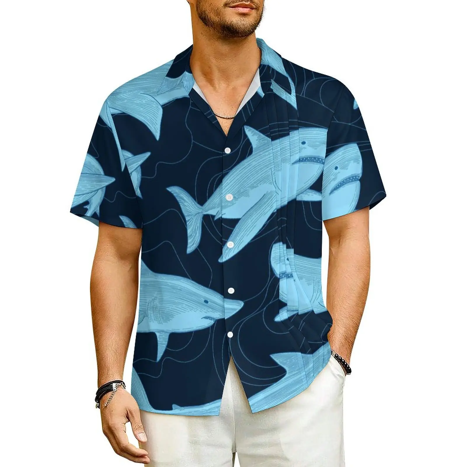 Sharks Casual Shirt Animal Fish Ocean Sea Trendy Summer Shirts Men Short Sleeve Beach Streetwear Graphic Plus Size 4XL Blouses