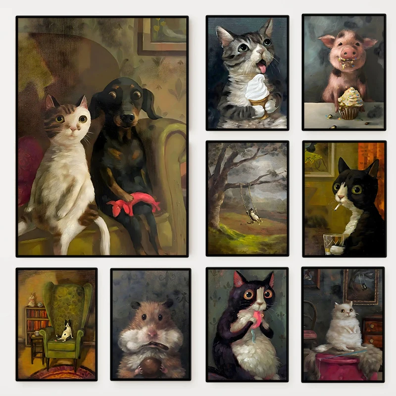 Funny Animals Personify Poster Print Cat Dog Rabbit Hamster Eat Something Canvas Painting Wall Art for Living Room Home Decor