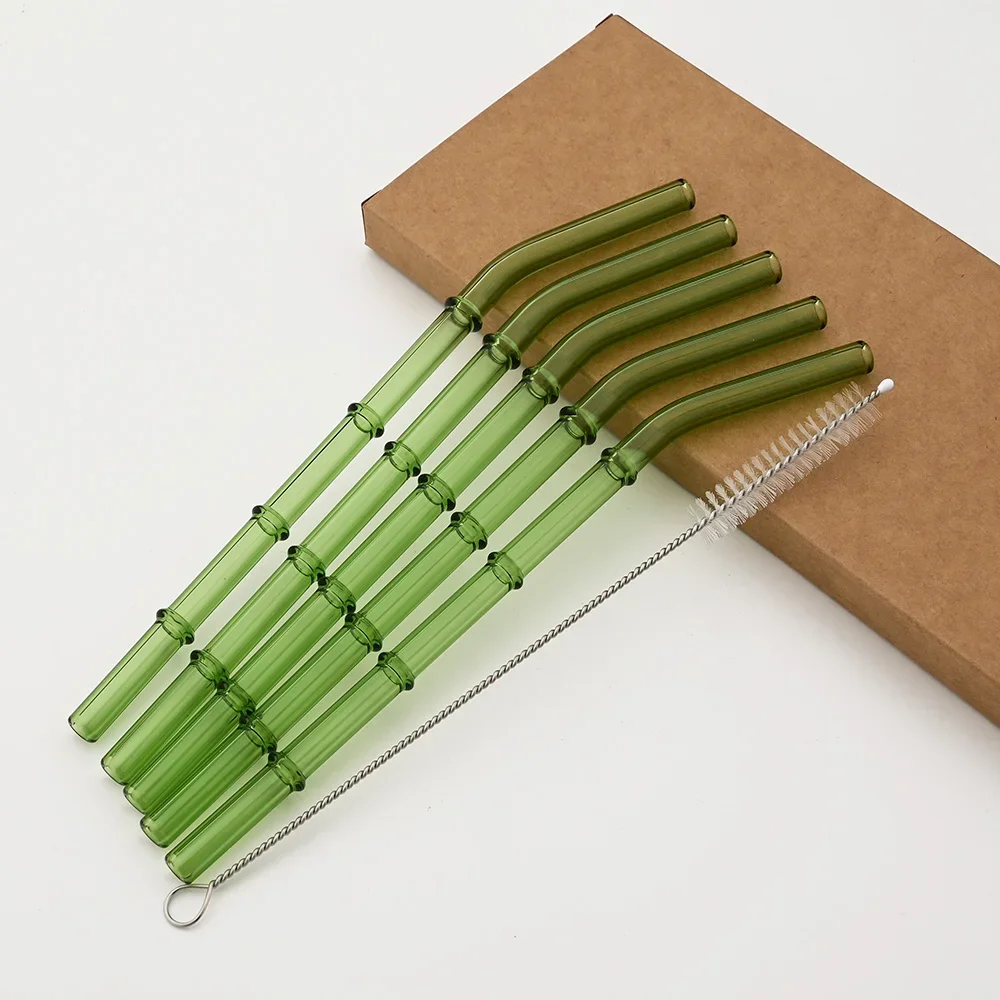 Green Drinking Straw Set High Borosilicate Glass Bent Straws Set with Brush Milk Shake Coffee Cocktail Straw Bar Drinkware