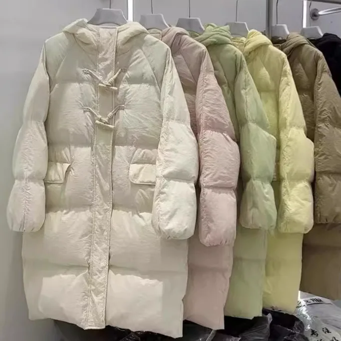 Spring and Autumn Twist Knot Mouth Medium Long Korean Version Loose Knee Over Thickened White Duck Down Coat for Women