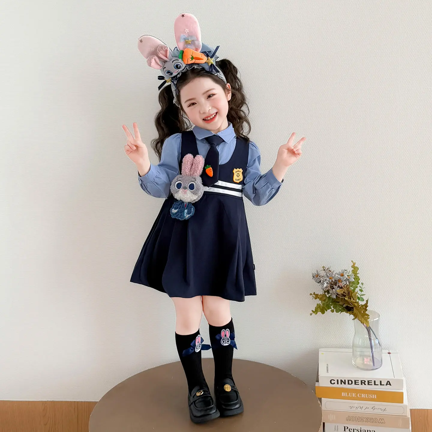 

Платье для девочек Disney, комплект из 2 предметов, рубашка с длинными рукавами и плиссированные платья с рисунком корейского мультяшного кролика, детская синяя повседневная одежда